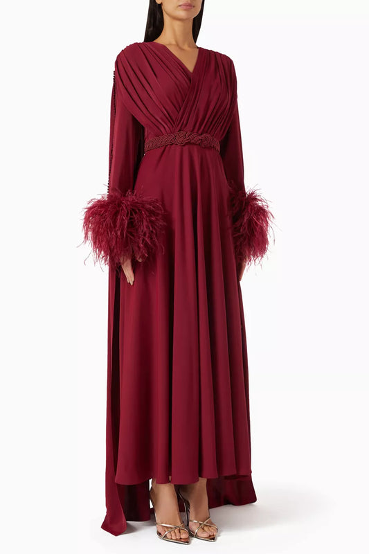 Draped Feather-trim Gown
