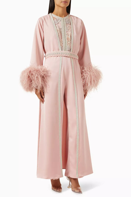 Moroccan Embroidered Feathered Jumpsuit Set