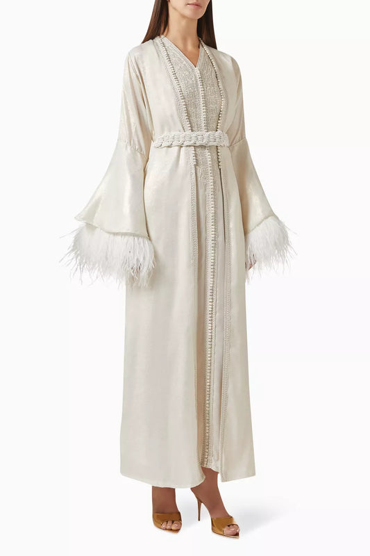 Moroccan Embroidered Feathered Kaftan Set - Customized