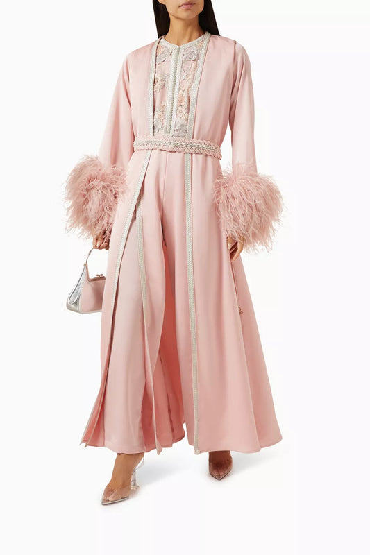 Moroccan Embroidered Feathered Jumpsuit Set