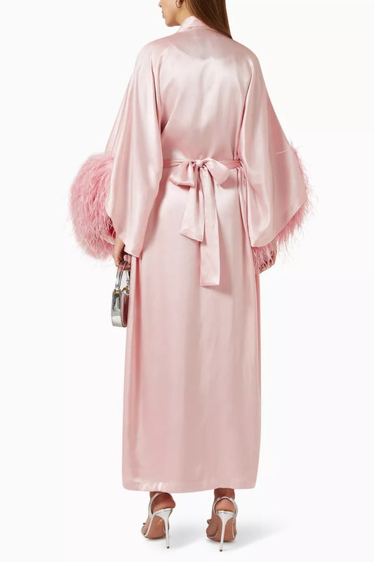 Feather Trim Kaftan Set in Satin