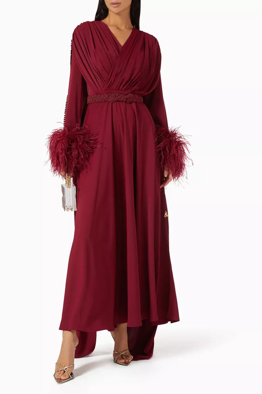 Draped Feather-trim Gown