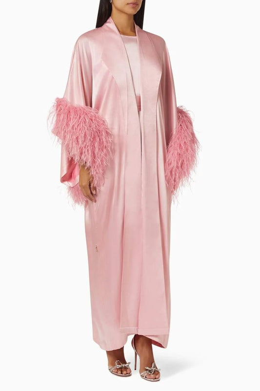 Feather Trim Kaftan Set in Satin