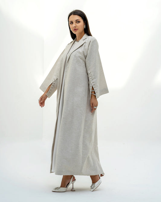 Embellished Linen 3- Piece Abaya Set