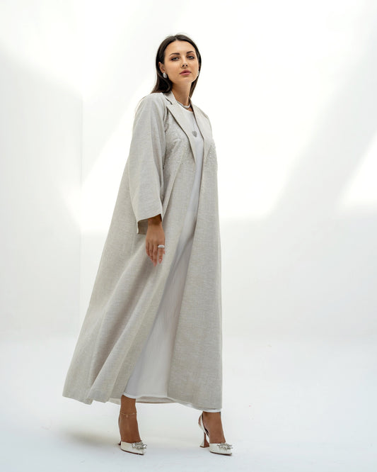 Embellished Linen 3- Piece Abaya Set